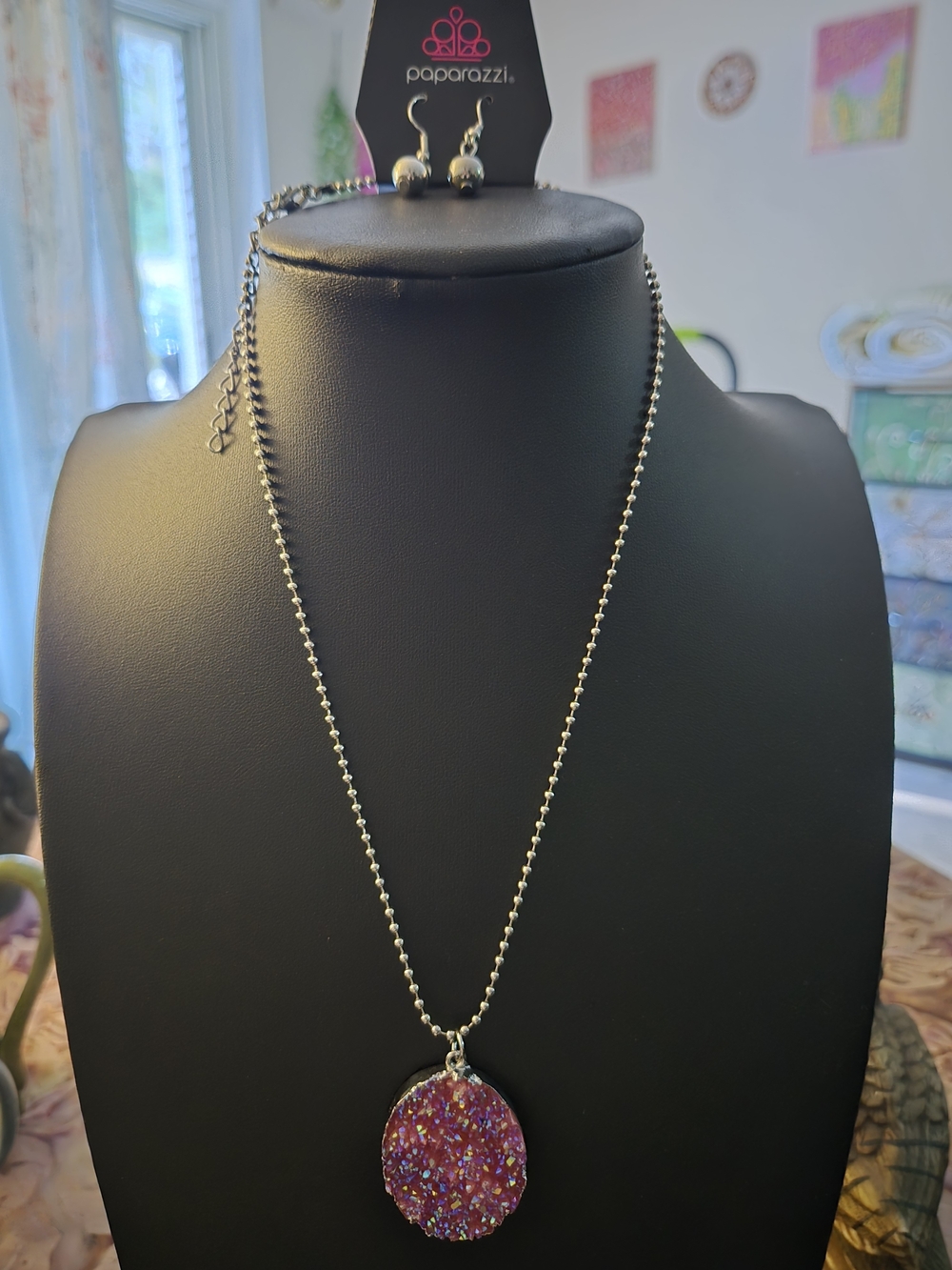 paparazzi Sparkling Pink Druzy Pendant Necklace with Silver Bead Chain